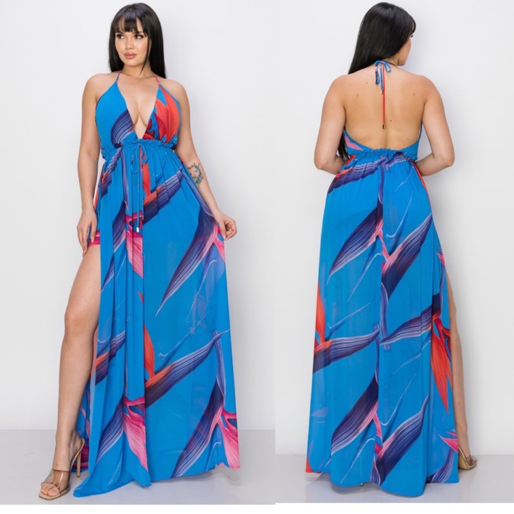 NWT $98 Deep Plunge Halter Maxi Dress Coverup